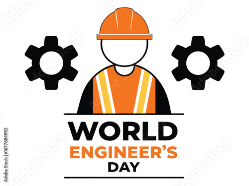 World Engineers Day illustration with engineer figure and gears on white background engineering