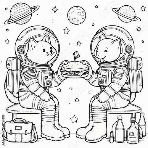 Two cats in astronaut suits sharing a burger in space, joyful, surrounded by planets and stars in coloring style