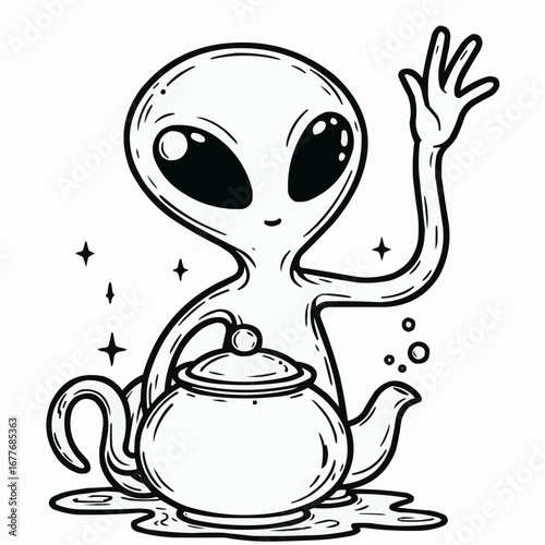 Cute alien character, playful mood, teapot illustration for coloring