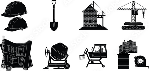 Construction icons, safety helmets, shovel, building scaffolding, tower crane, blueprint, concrete mixer, construction vehicle, bricks,
