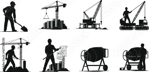 Construction worker silhouettes, tower crane lifting, crawler crane hook, blueprint planning, concrete mixer machine, heavy equipment operation, building site labor, industrial work scenes