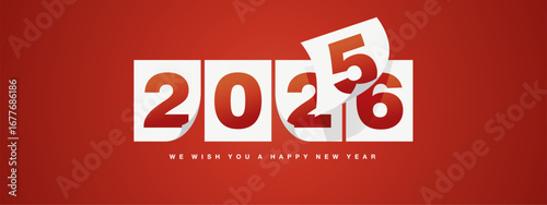 Happy New Year 2026 greeting card design template on red background. New Year 2026 start concept. Calendar pages turn in the wind and the new year begins