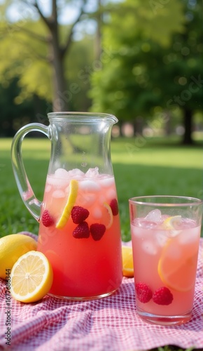 Fototapeta Naklejka Na Ścianę i Meble -  Refreshing pink lemonade scene! A rustic pitcher with lemons & raspberries sits on a checkered blanket in a sun-drenched park setting., ultra detailed, 8k resolution, HDR, professional