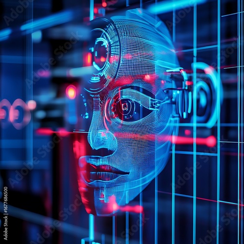 Modern security system scanning futuristic digital human face image