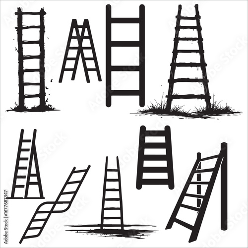 Collection of Black and White Ladder Silhouettes:  Various Styles, Rustic and Modern Designs, Isolated on White Background.
