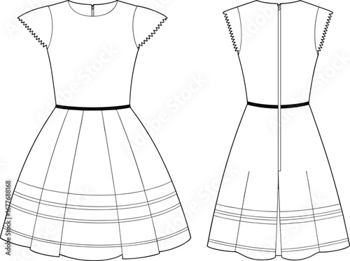 Girls pleated dress flat sketch, front and back view, cap sleeve dress technical drawing, vector fashion cad template design