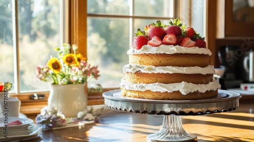 Delicious Homemade Cake with Strawberries and Whipped Cream in Kitchen