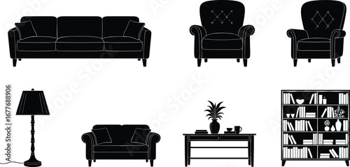 Sofa, armchair, loveseat, coffee table, bookshelf, floor lamp, cushions, home decor, living room, furniture, interior design, modern, cozy