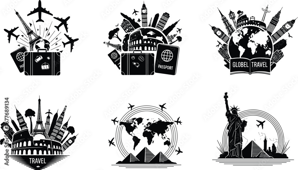 Fototapeta premium Travel illustration collage, famous landmarks sketch, world map art, suitcase design, global tourism icons, airplane drawing, passport elements, cultural heritage, vacation concept