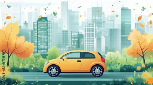 Yellow car drives on city road in autumn.