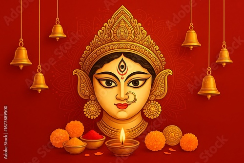 Festive durga puja greeting card design featuring the goddess's beautiful face, a lit diya, marigold flowers, temple bells, and other worship items.