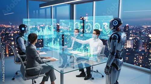 Futuristic business meeting with robots and holographic displays.