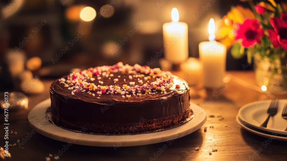 Naklejka premium Chocolate Cake with Colorful Sprinkles in Warm Indoor Setting