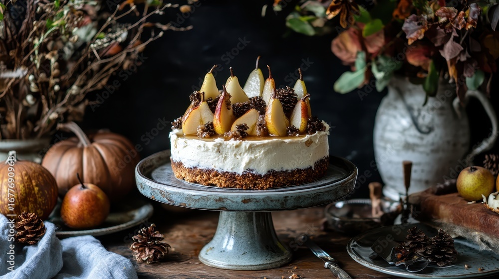 Fototapeta premium Elegant Pear Cake with Cream Frosting and Decorative Toppings