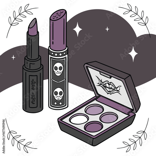 Gothic makeup items in black and deep purple featuring elegant cosmetic accessories and beauty elements perfect for dark aesthetic designs