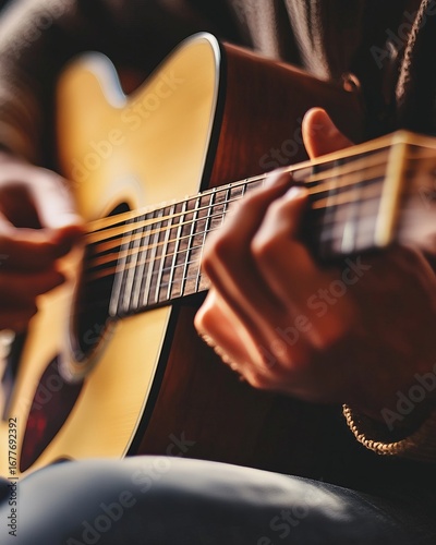 A close-up of a person passionately playing an acoustic guitar, showcasing the emotional connection between the musician and the instrument, radiating warmth and creativity.