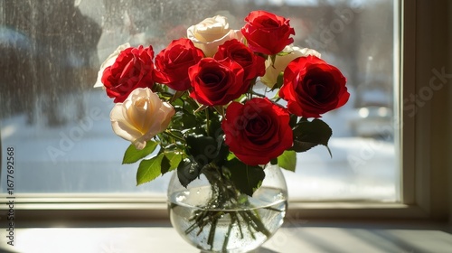 Wallpaper Mural Elegant Rose Bouquet in Clear Vase by Bright Window Light Torontodigital.ca