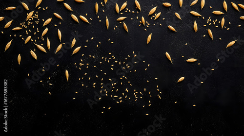 Golden einkorn grains scattered evenly across a darkbackground, highlighting teir elongated form and texured surface.