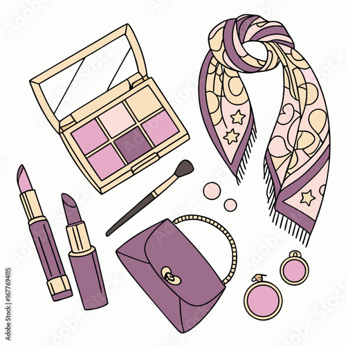 A vibrant flat lay arrangement showcasing an assortment of makeup products and fashion accessories artfully composed for a stylish visual
