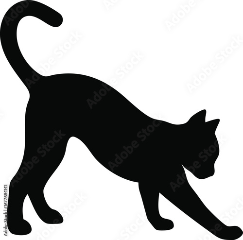 Elegant black cat silhouette captured mid-stretch showcasing graceful agility and feline form silhouette