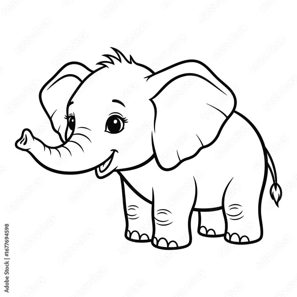 Obraz premium Adorable Cartoon Baby Elephant Illustration, Black and White Line Art, Happy and Playful Mood, Perfect for Children's Books, Coloring Pages, and Cute Animal Designs.