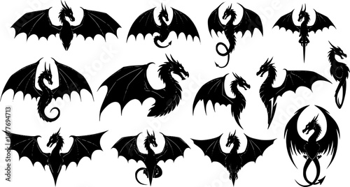black dragon silhouettes in various flying and roaring poses vector