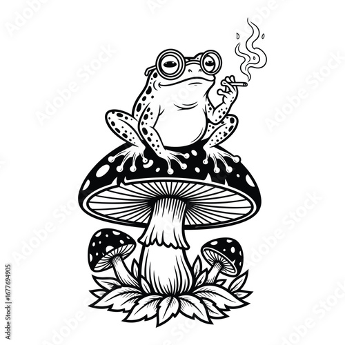 Groovy hipster frog smoking a cigarette perched atop a psychedelic mushroom; vintage black and white line art illustration; whimsical, cool, and slightly rebellious mood.