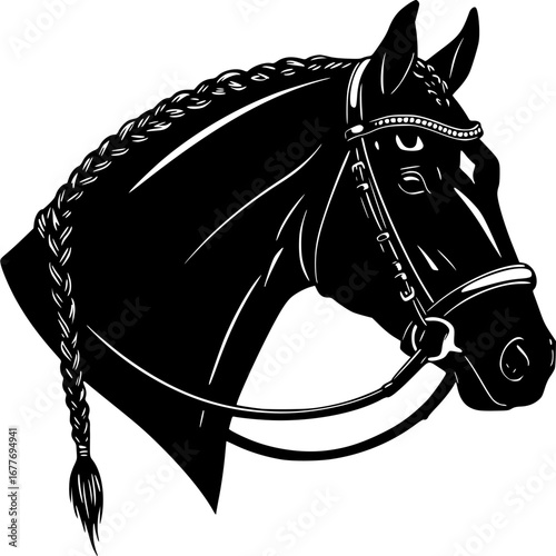 A black and white graphic illustration of a horse head with bridle and braided mane detail design
