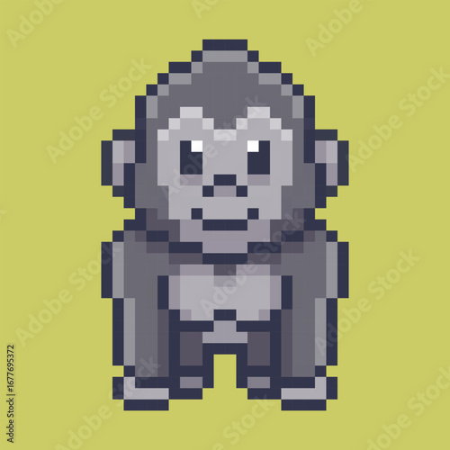 Charming gorilla character designed in retro pixel art style. This cute 8-bit ape features a gentle smile and powerful build, making it a perfect mascot or character sprite