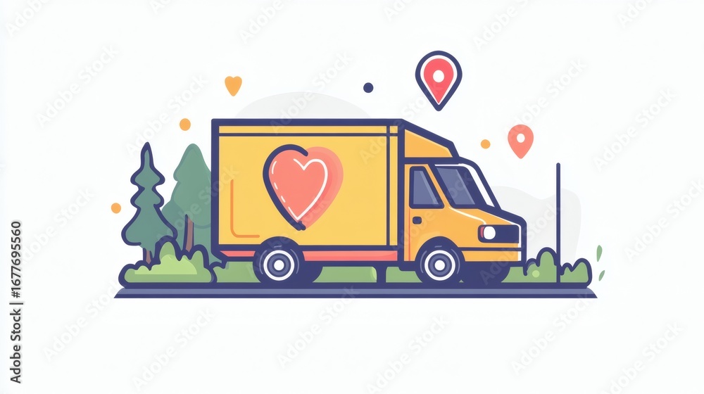 Fototapeta premium Yellow delivery van with heart logo on side, driving through a landscape with trees.