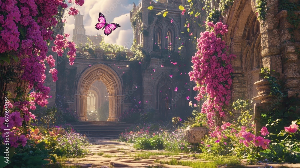 Fototapeta premium Enchanted Garden Path with Colorful Flowers and Butterfly in Bloom