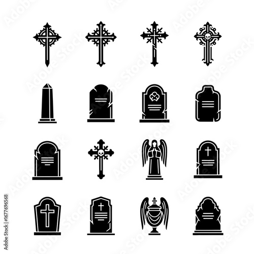 Halloween Icon Set of Gravestones and Crosses in Black Style  