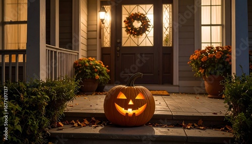 Halloween pumpkin on porch steps at night