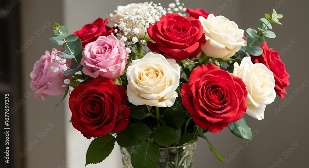 Naklejka premium Elegant floral arrangement of red pink and white roses creating a vibrant romantic display