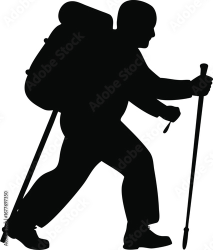 Silhouette of a determined hiker with backpack and trekking poles ascending a trail silhouette