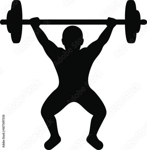 Silhouette of athlete performing a weightlifting overhead clean and jerk with barbell silhouette