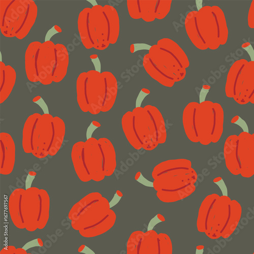 Red bell peppers seamless pattern on dark background. Hand drawn vector illustration. Vegetable and healthy wallpaper.