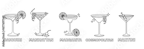 Colouring book with cocktails. Outline illustration of Daiquiri, Manhattan, Margarita, Cosmopolitan and Martini. Black and white vector of drinks.