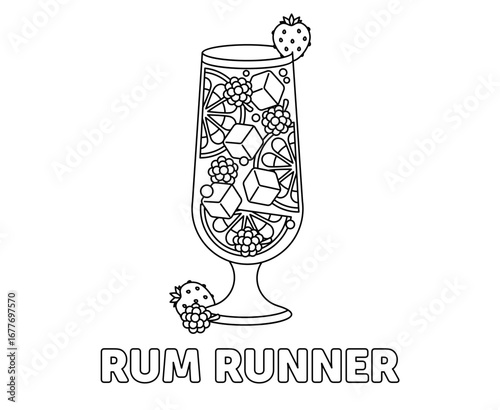 Outline illustration of Rum Runner. Cocktail glass with fruits, berries, ice cubes and text label Rum Runner. Black and white vector drawing. Colouring book.