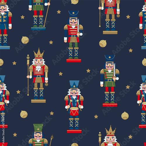 Nutcracker soldiers, stars and ornaments seamless pattern. Christmas celebration wallpaper. Winter celebration concept.