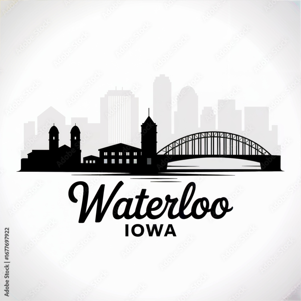 Fototapeta premium Waterloo Iowa Skyline Silhouette — A Historic Midwestern River City Vector Illustration