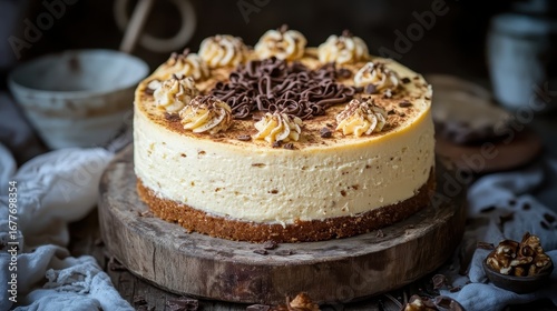 Wallpaper Mural Delicious creamy cheesecake with chocolate decorations on wooden table Torontodigital.ca