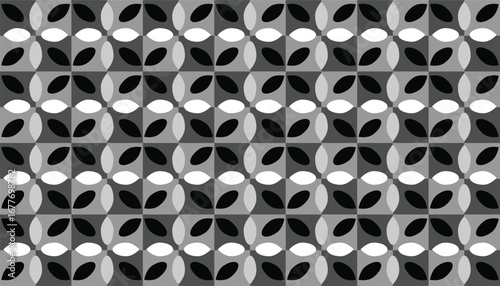 Seamless monochrome geometric pattern with overlapping circular and elliptical shapes creating an optical abstract background