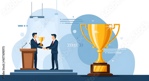 Corporate Victory: Illustrative, elegant vector art showcasing the presentation of a golden trophy, symbolizing achievement and success in the business world.