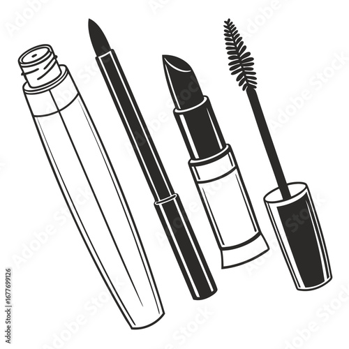 Minimalist black and white arrangement of essential makeup tools including brushes lipstick and compact presented cleanly for beauty and cosmetic themes