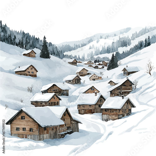 Snowy Village Landscape, watercolor painting vector, isolated on a white background.