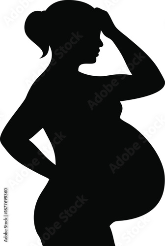 Elegant silhouette of a pregnant woman with hand on forehead expressing expectation and care silhouette
