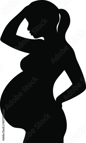 Black silhouette of a pregnant woman in profile showing growing belly and hand on head symbolizing anticipation and care silhouette