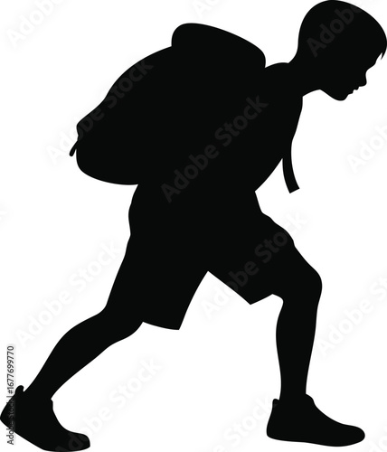 Silhouette of a young person carrying a heavy backpack in an upward stride silhouette