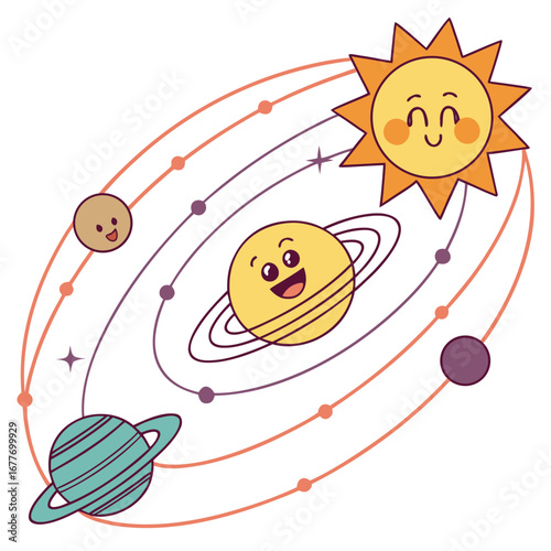 Whimsical illustration of cute smiling planets with expressive faces orbiting a central smiling celestial body rendered in vibrant colors and clean vector lines for playful cosmic themes